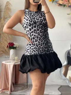 JR120-021201 VESTIDO CORTO TIPO GLOBO CON ESTAMPADO ANIMAL PRINT