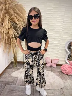 AF031-010311 SET LARGO PARA NIñA CON ESCOTE EN BLUSA Y PANTALON ESTAMPADO DE FLORES