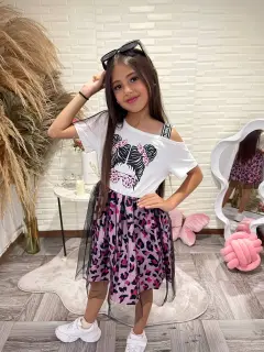 AF008-010083 VESTIDO CON CAIDA DE HOMBRO Y EN FALDA ESTAMPADO ANIMAL PRINT