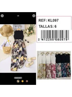KL097-080979 SET LARGO DE NIñA TOP UNICOLOR Y PANTALON DE FLORES