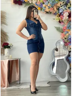 YM116-091164 VESTIDO CORTO EN JEANS CON CUELLO Y BOTONES DELANTEROS