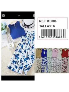 KL086-080869 SET LARGO DE NIñA  CON TOP UNICOLOR Y PANTALON ESTAMPADO DE FLORES