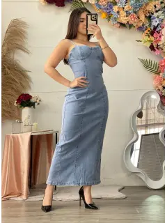 YM117-091172 VESTIDO EN JEANS LARGO CON ABERTURA TRASERA Y CIERRE