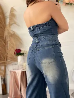 YM108-091088 ENTERIZO LARGO STRAPLE  CON DETALLES PRELAVADO EN JEANS
