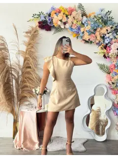 YJY018-120180 VESTIDO CORTO CON DETALLE DE FARALAOS EN HOMBRO UNICOLOR