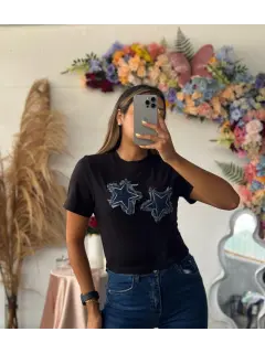 HZS105-061052 BLUSA ALGODON CON DETALLE DE ESTRELLA EN JEANS