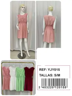 YJY015-120158 VESTIDO CORTO CON ENCAJE Y GOMA EN CINTURA UNICOLOR