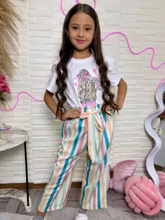 KL109-081090 SET DE NIñAS CON BLUSA UNICOLOR ESTAMPADO DE MUñECA Y PANTALON DE COLORES
