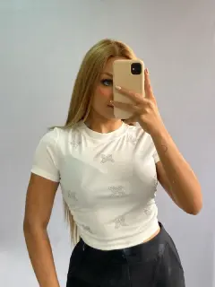 LJR130-041306 BLUSA MANGA CORTA CON CUELLO REDONDO DETALLES BRILLANTES