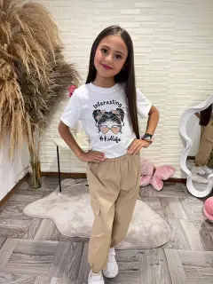 AF036-010365 SET DE NIñA CASUAL CON BLUSA ESTAMPADA Y PANTALON TIPO JOGGER