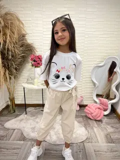 AF003-010036 SET LARGO DE NIñAS TIPO JOGGER CON ESTAMPADO DE GATITO EN BLUSA