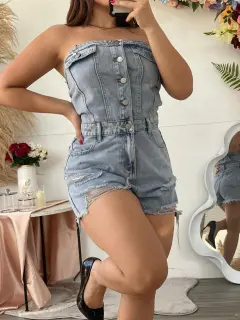YM111-09115 ENTERIZO STRAPLE CON DETALLE ROTO EN JEANS
