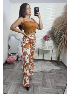 SYZ023-130231 SET LARGO CASUAL CON TOP CORTO CON AMARRE EN HOMBROS PANTALON CON HERMOS ESTAMPADO FLORES