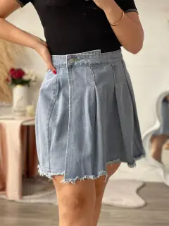 YM105-091058 FALDA CON DETALLE DE TACHONES Y FLEQUILLO EN RUEDO EN JEANS