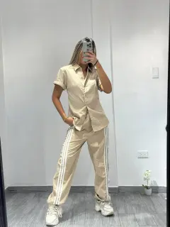 HZS156-061566 SET LARGO CON CAMISA DE MANGA Y DETALLES DE RAYAS EN PANTALON