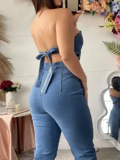 YM119-091191 ENTERIZO LARGO EN JEANS CON HERMOSO DETALLE DE AMARRE EN ESPALDA STRAPLE