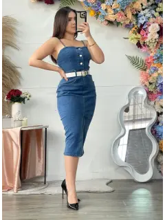 YM113-091135 VESTIDO LARGO EN JEANS CON BOTONES Y CINTURON