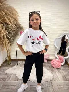 AF003-010036 SET LARGO DE NIñAS TIPO JOGGER CON ESTAMPADO DE GATITO EN BLUSA