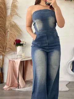YM108-091088 ENTERIZO LARGO STRAPLE  CON DETALLES PRELAVADO EN JEANS