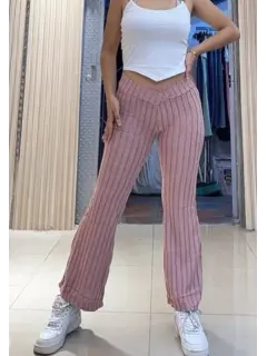 QPX003-360033 PANTALON EN TELA ACANALADA TIPO MONO UNICOLOR