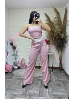 JR188-021889 SET LARFO CASUAL CON DEALLES DE BLONDA EN TOP Y PRETINA PANTALON