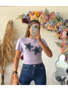 HZS105-061052 BLUSA ALGODON CON DETALLE DE ESTRELLA EN JEANS